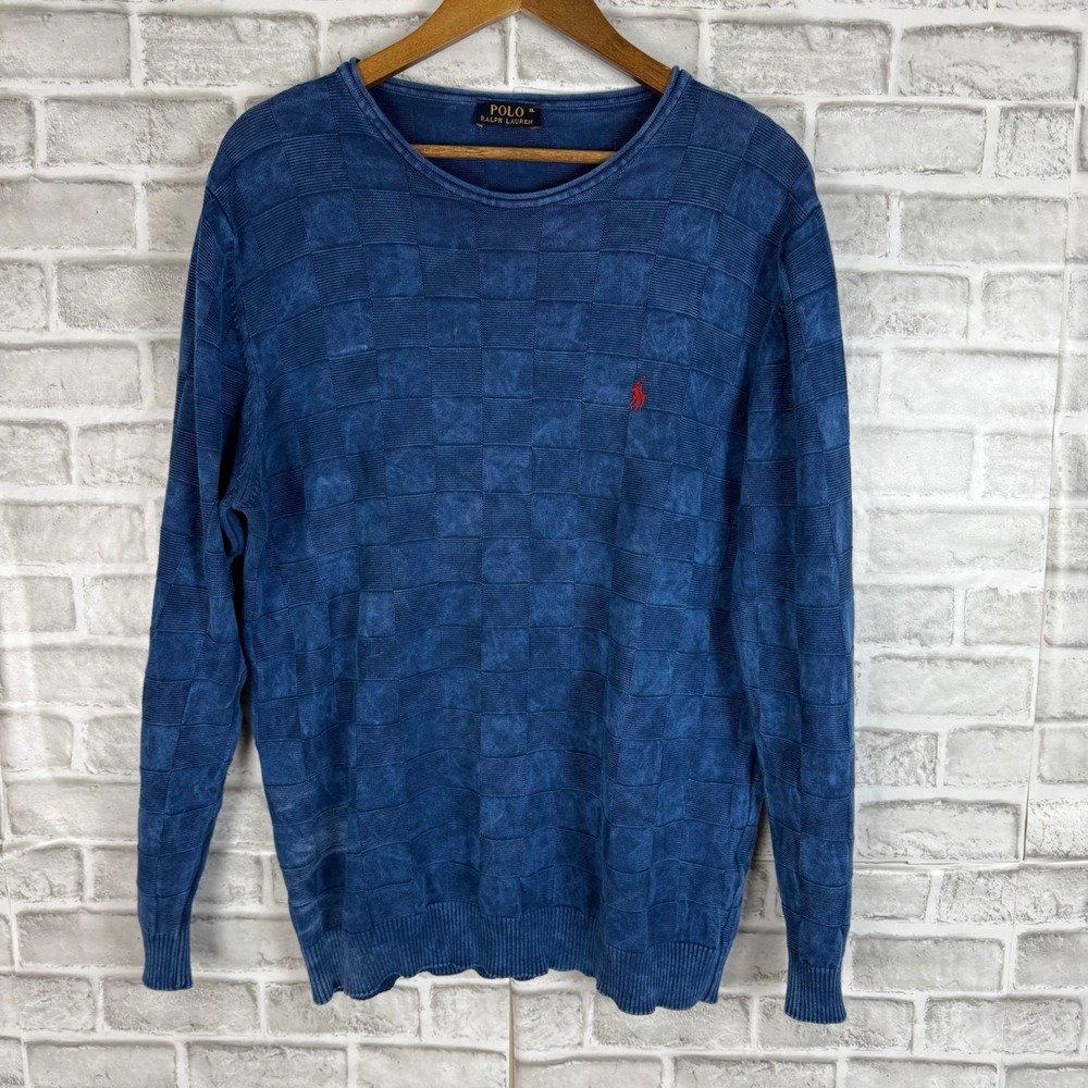 Polo Ralph Lauren Mens XL Blue Indigo Checkerboard Textured Cotton Sweater Pony